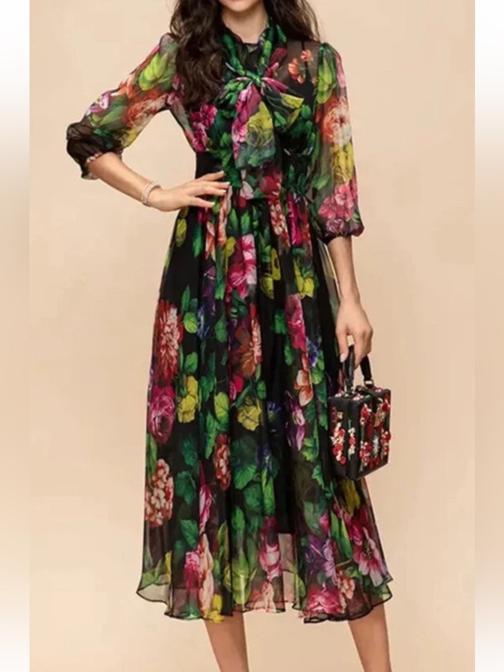 Dalia Macphee 3/4 puff Sleeves  Floral Chiffon maxi  Dress Size S
